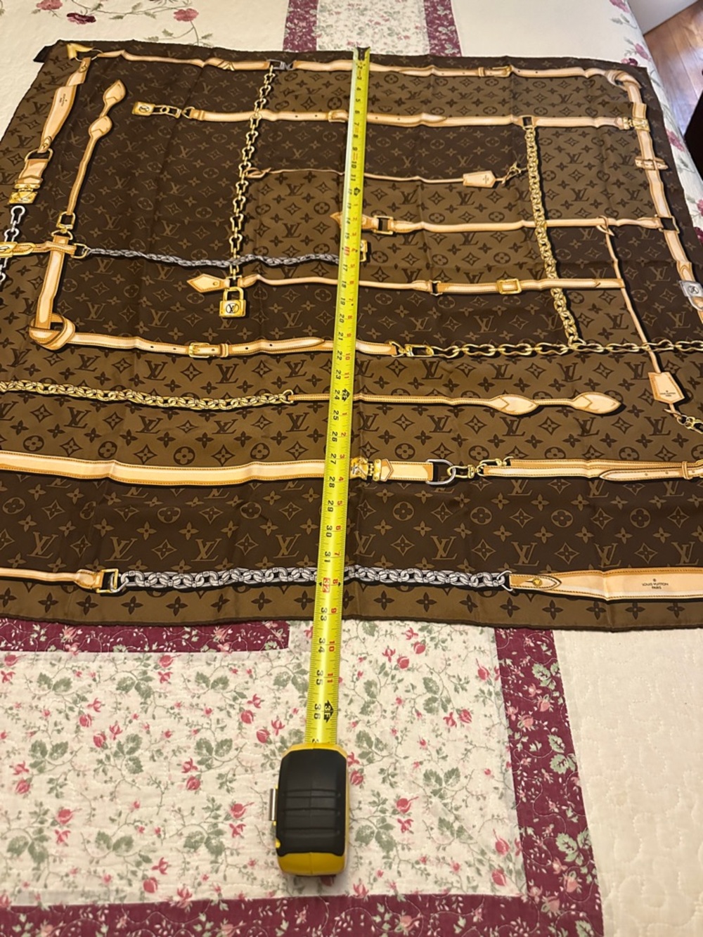 Louis Vuitton Brown and Tan Monogram Silk Scarf with Gold Chain Motif